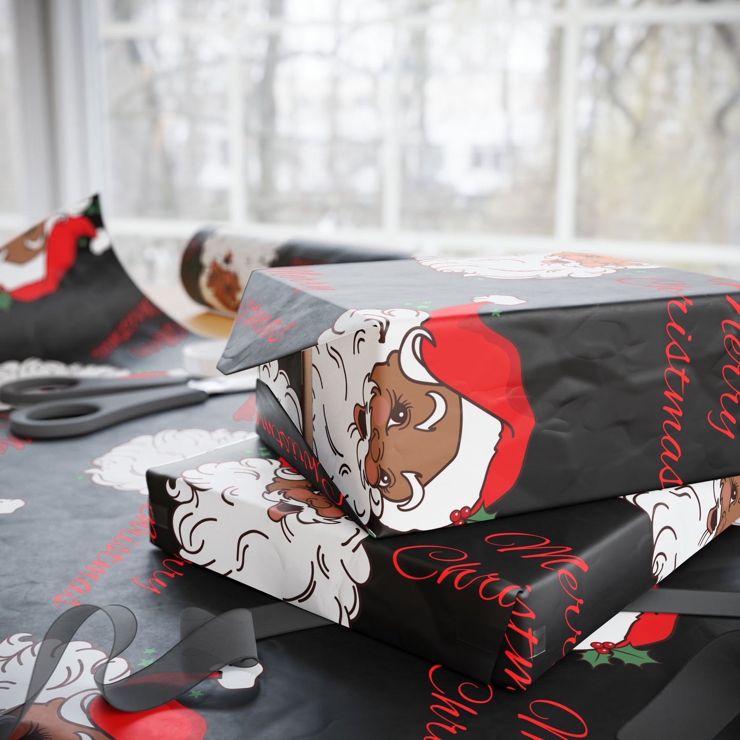 Vintage Red Hat Black Santa Christmas Wrapping Paper - Merry Christmas