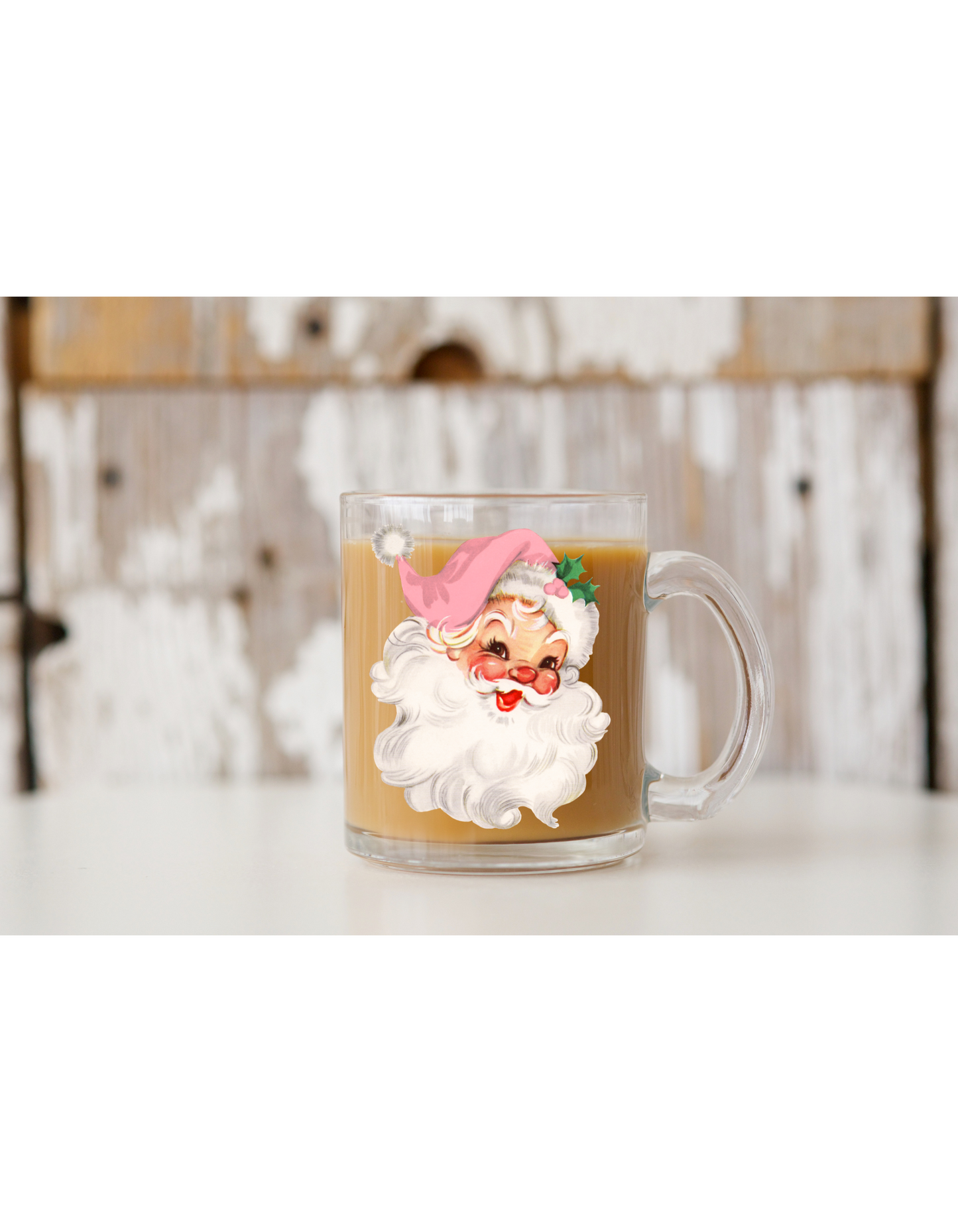 Vintage White Santa with Pink Hat Glass Mug