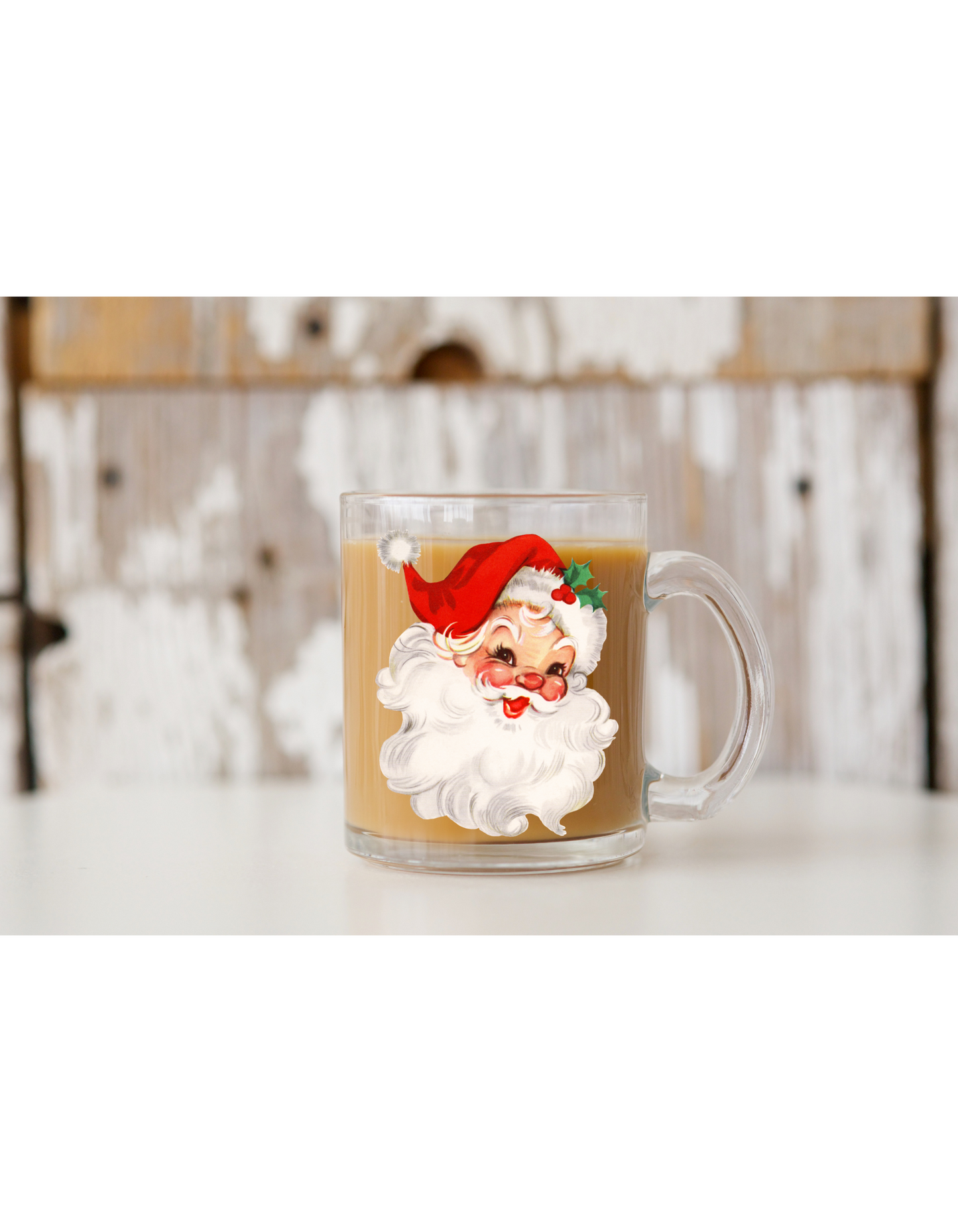 Vintage White Santa with Red Hat Glass Mug
