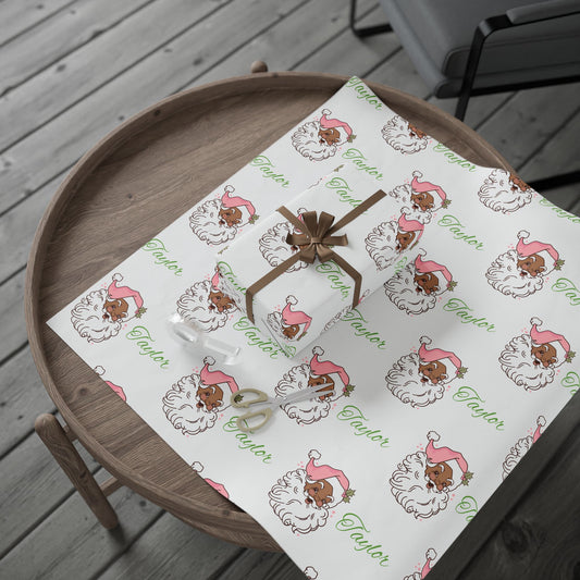 Personalized Vintage Pink Hat Black Santa Christmas Wrapping Paper