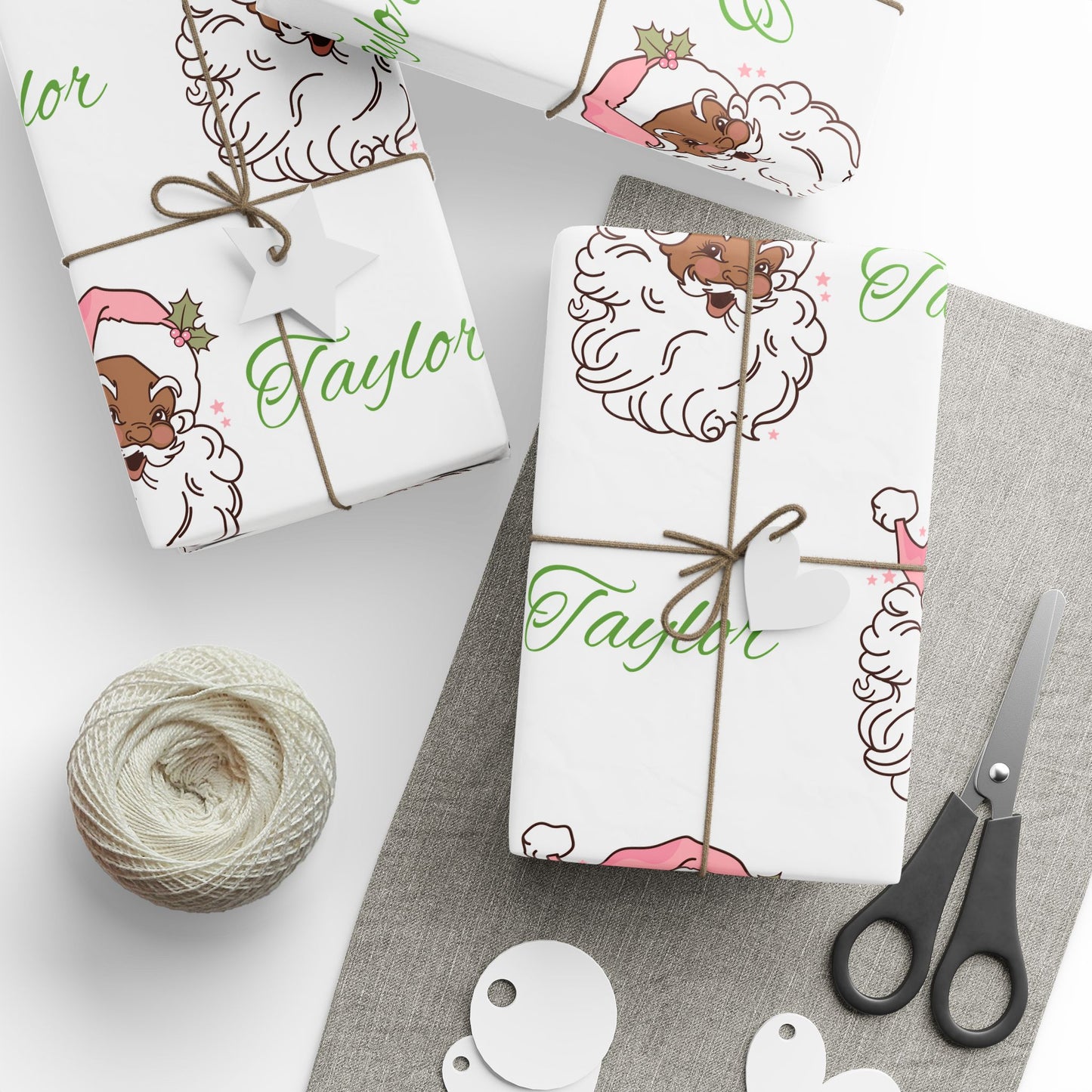 Personalized Vintage Pink Hat Black Santa Christmas Wrapping Paper