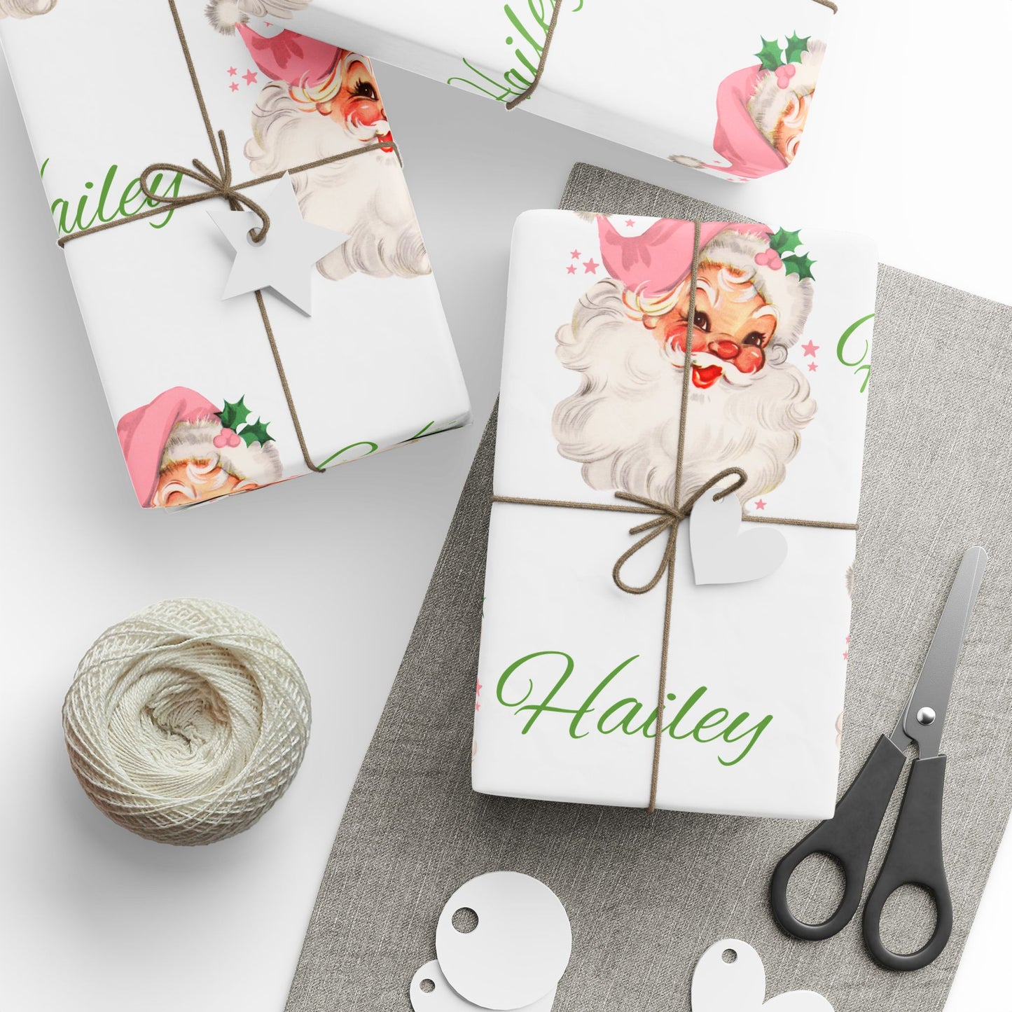Personalized Vintage Pink Hat Santa Christmas Wrapping Paper
