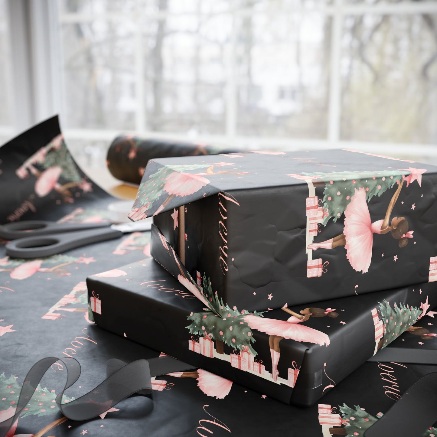 Personalized Pink Black Ballerina Christmas Wrapping Paper - Black Background