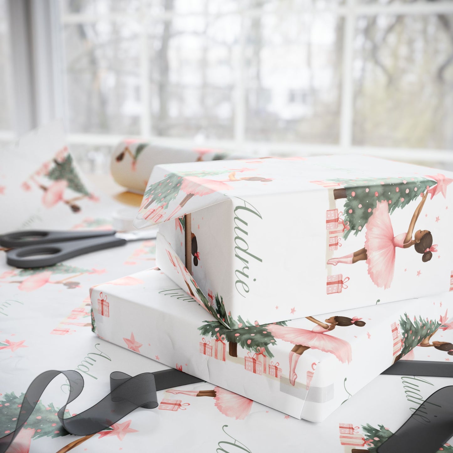 Personalized Pink Black Ballerina Christmas Wrapping Paper - White Background