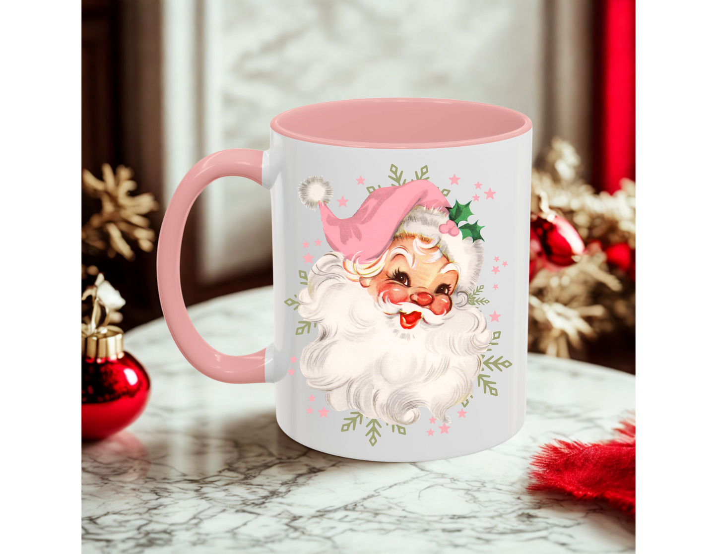 Vintage White Santa with Pink Hat Ceramic Mug