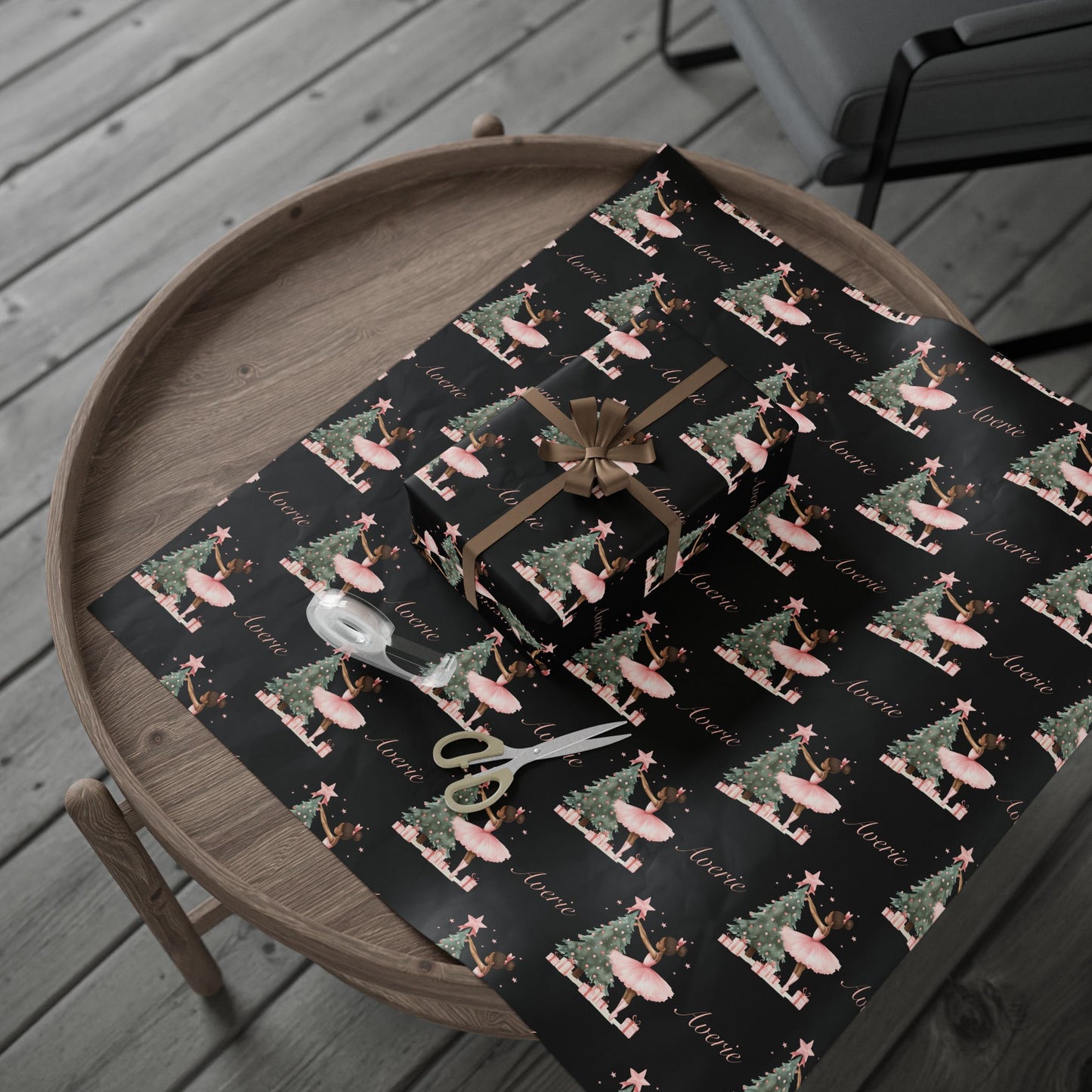 Personalized Pink Black Ballerina Christmas Wrapping Paper - Black Background