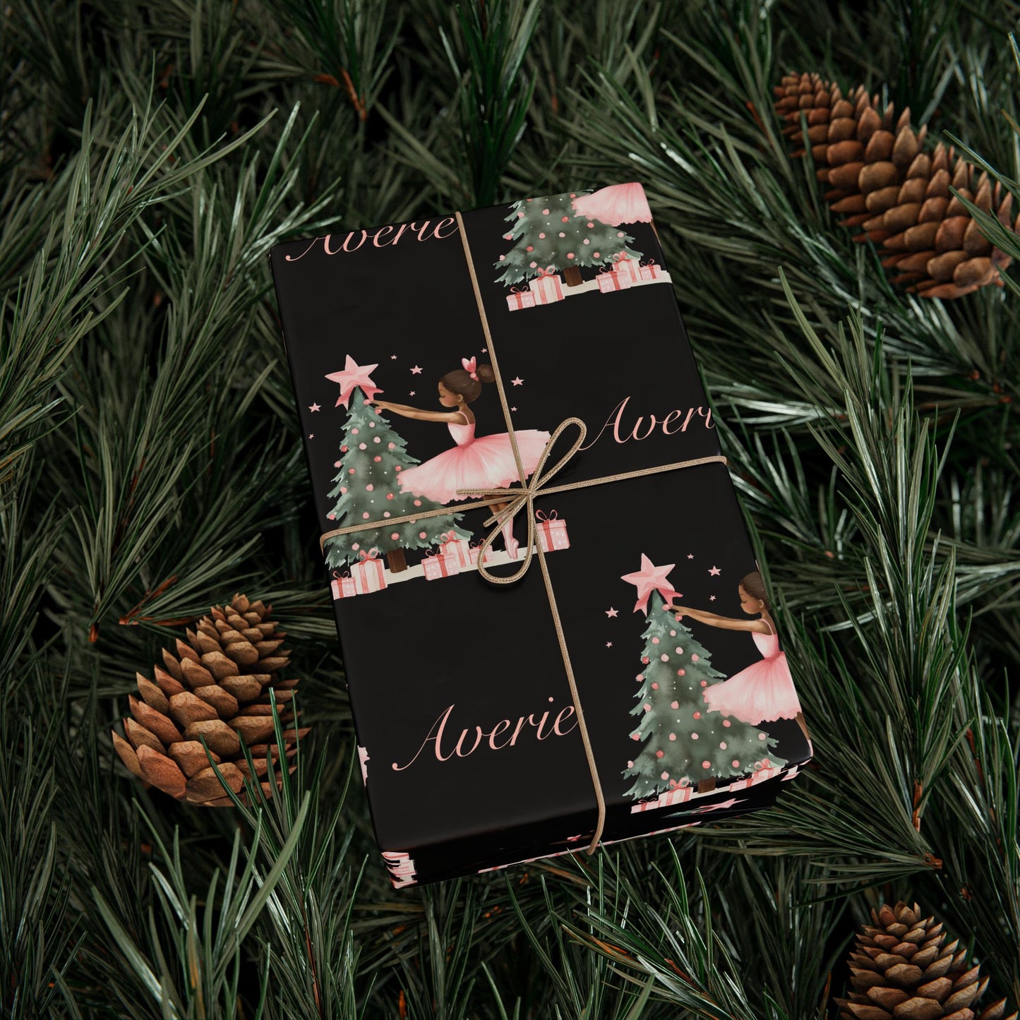 Personalized Pink Black Ballerina Christmas Wrapping Paper - Black Background