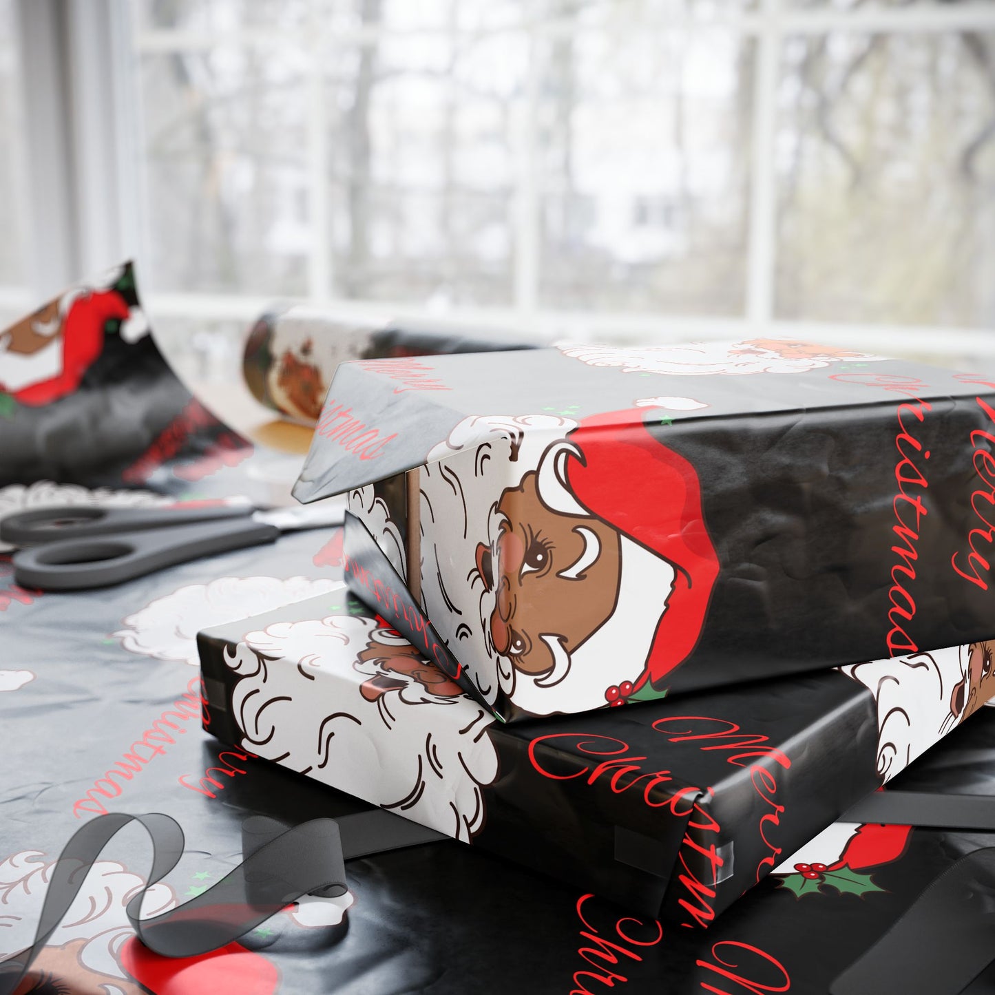 Vintage Red Hat Black Santa Christmas Wrapping Paper - Merry Christmas