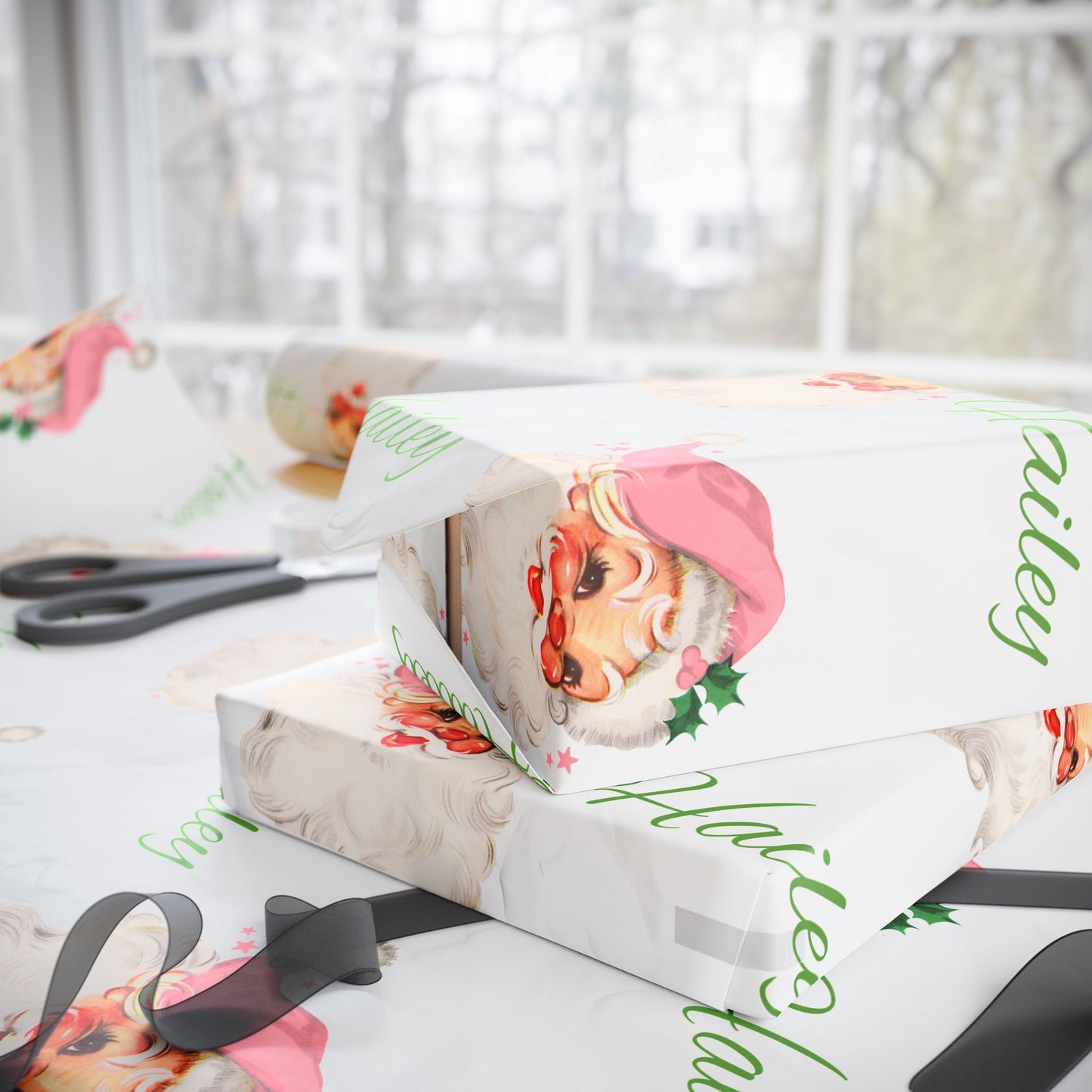 Personalized Vintage Pink Hat Santa Christmas Wrapping Paper