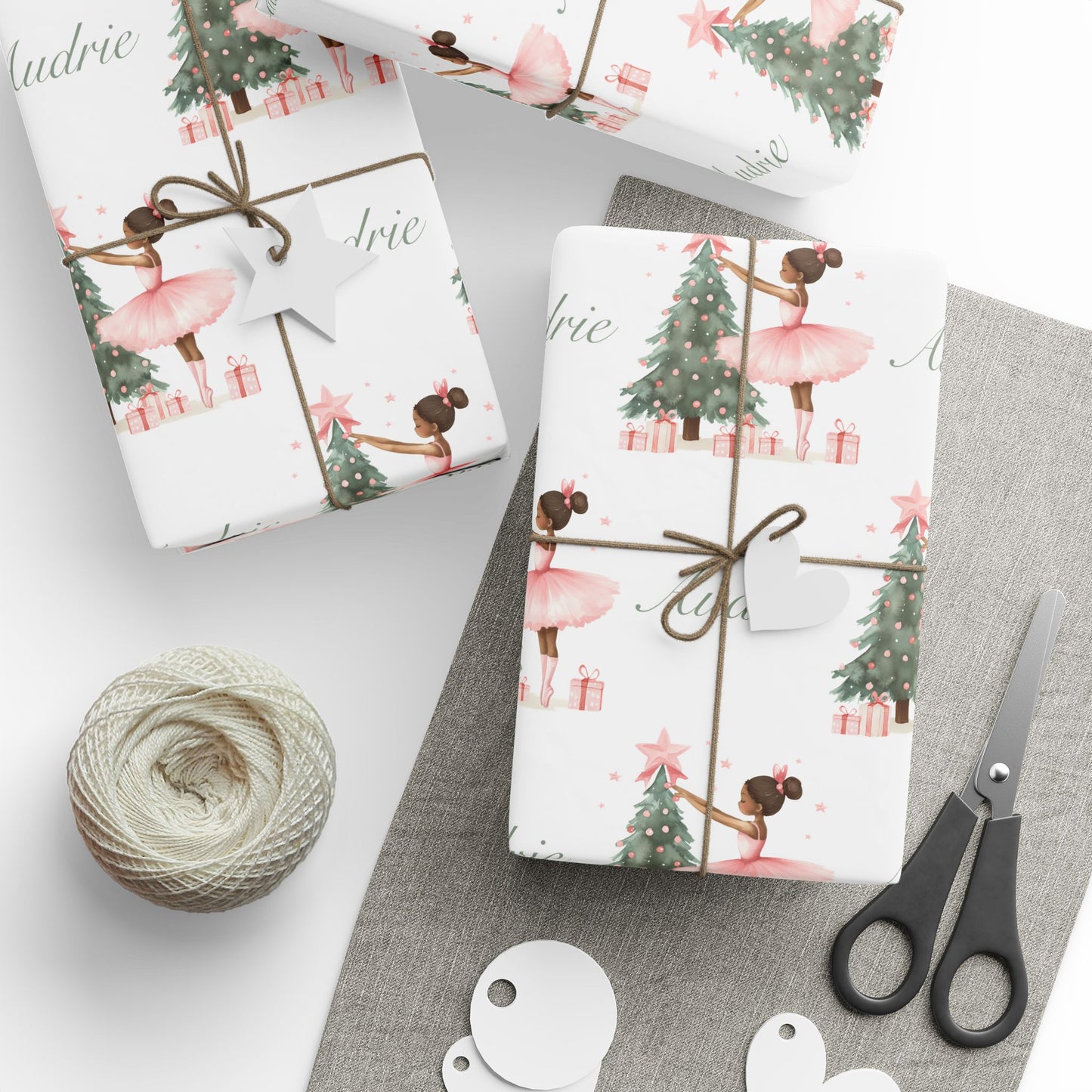 Personalized Pink Black Ballerina Christmas Wrapping Paper - White Background