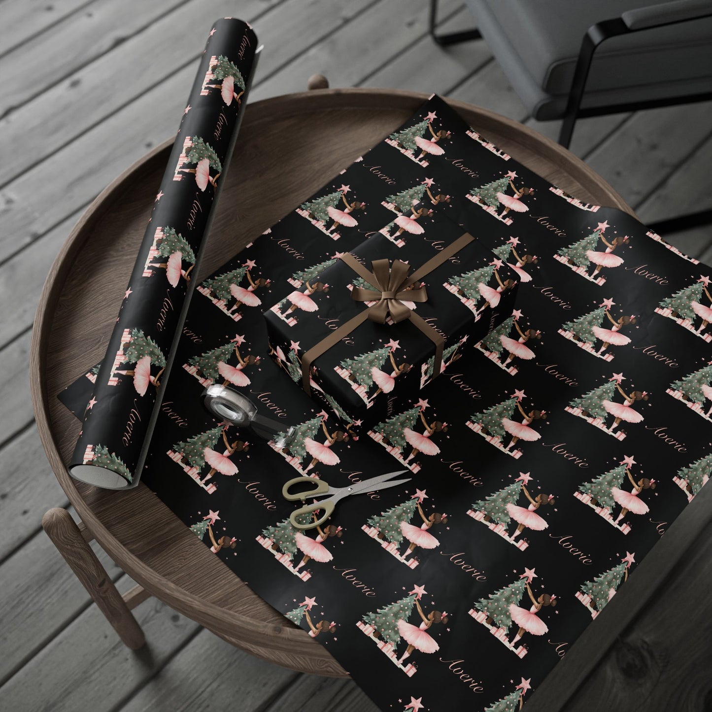 Personalized Pink Black Ballerina Christmas Wrapping Paper - Black Background