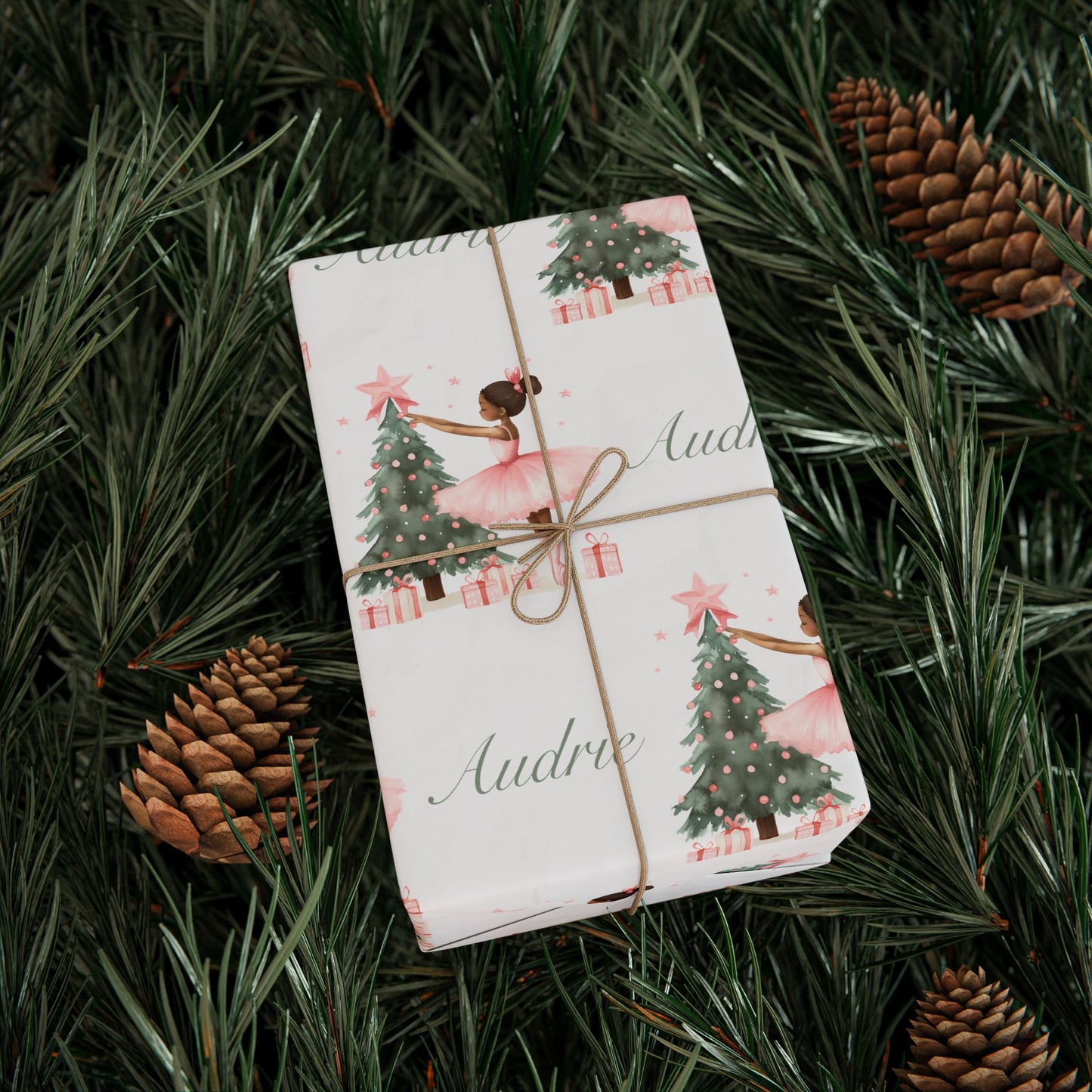 Personalized Pink Black Ballerina Christmas Wrapping Paper - White Background