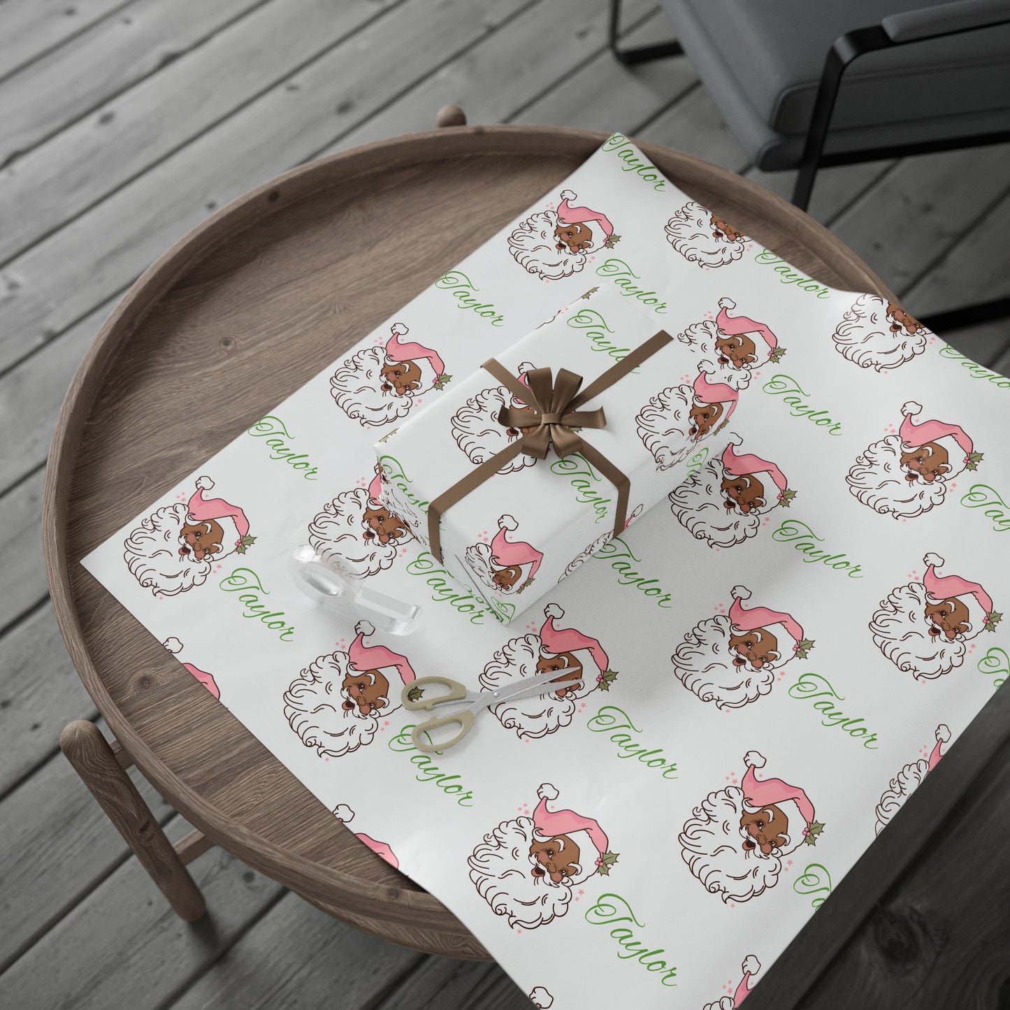 Personalized Vintage Pink Hat Black Santa Christmas Wrapping Paper