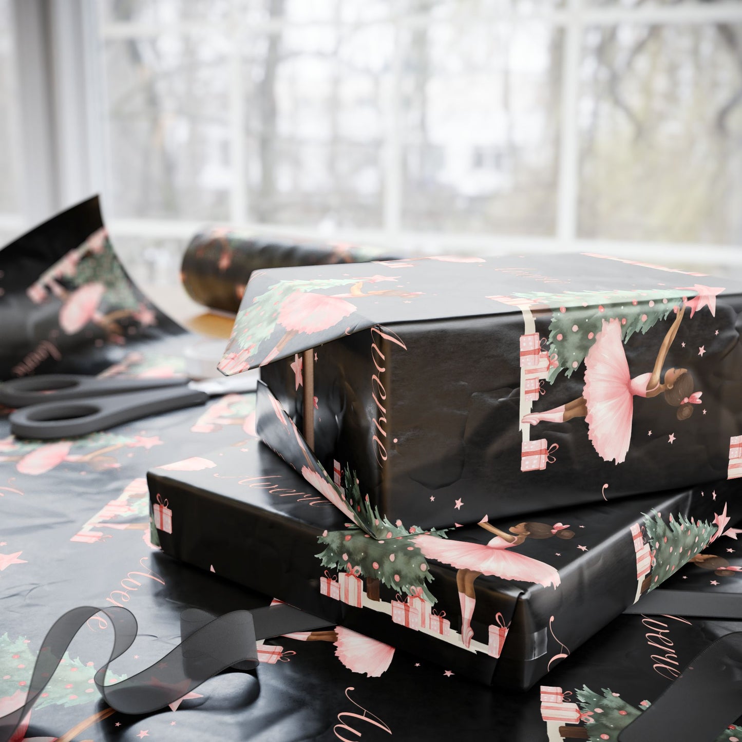 Personalized Pink Black Ballerina Christmas Wrapping Paper - Black Background