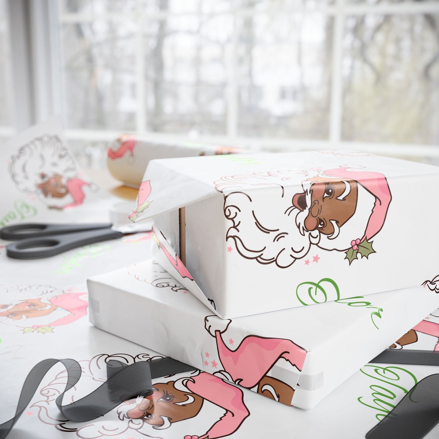 Personalized Vintage Pink Hat Black Santa Christmas Wrapping Paper