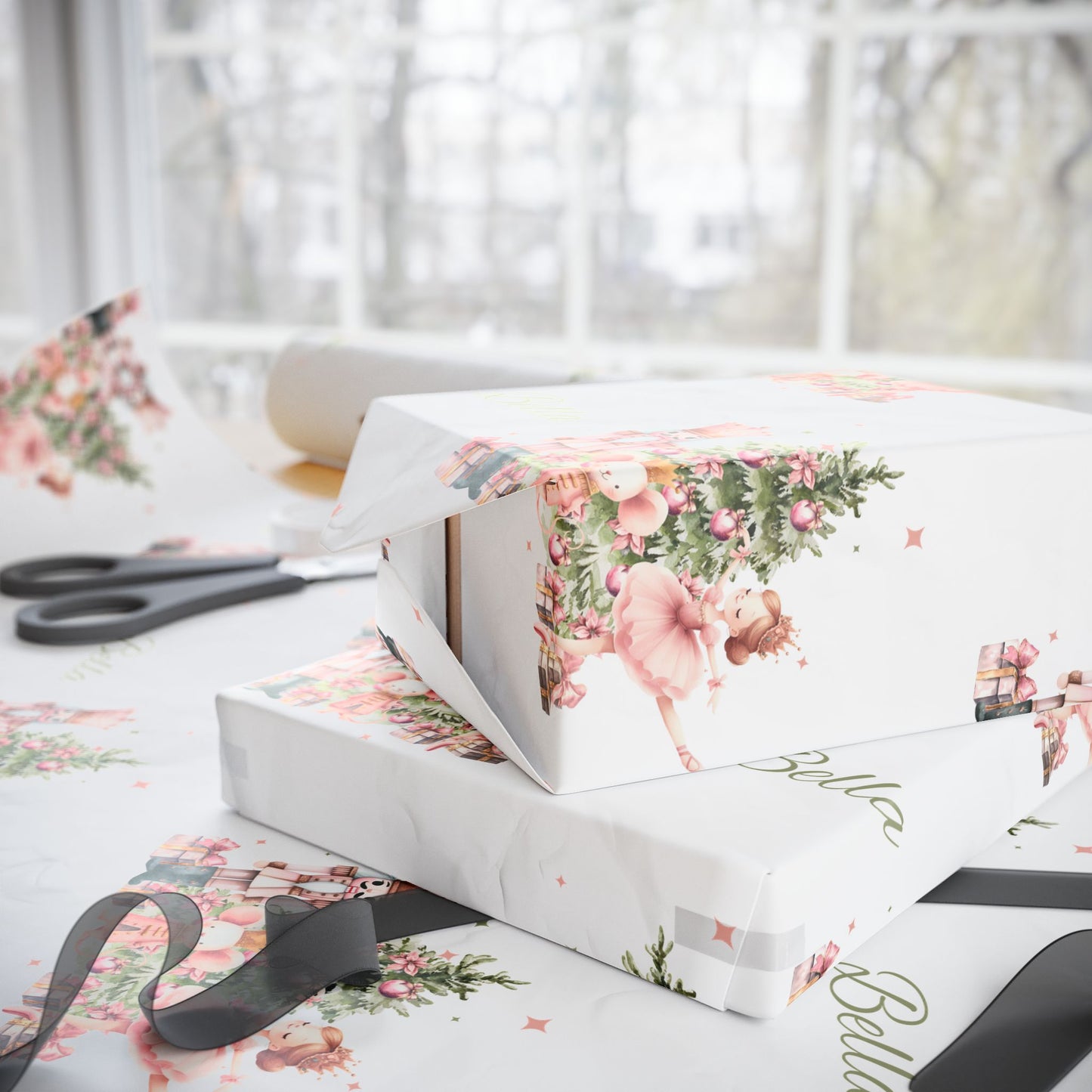 Personalized Pink Ballerina Christmas Wrapping Paper - White Background