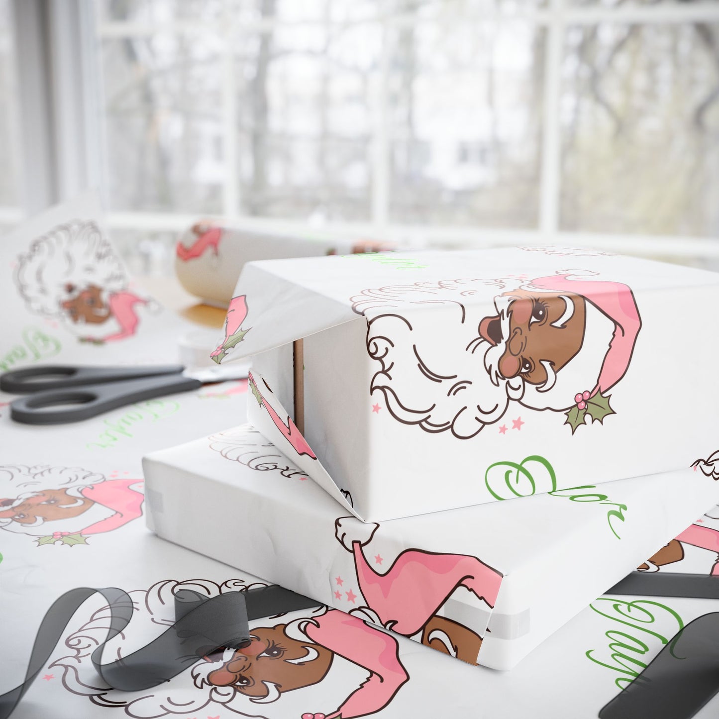 Personalized Vintage Pink Hat Black Santa Christmas Wrapping Paper