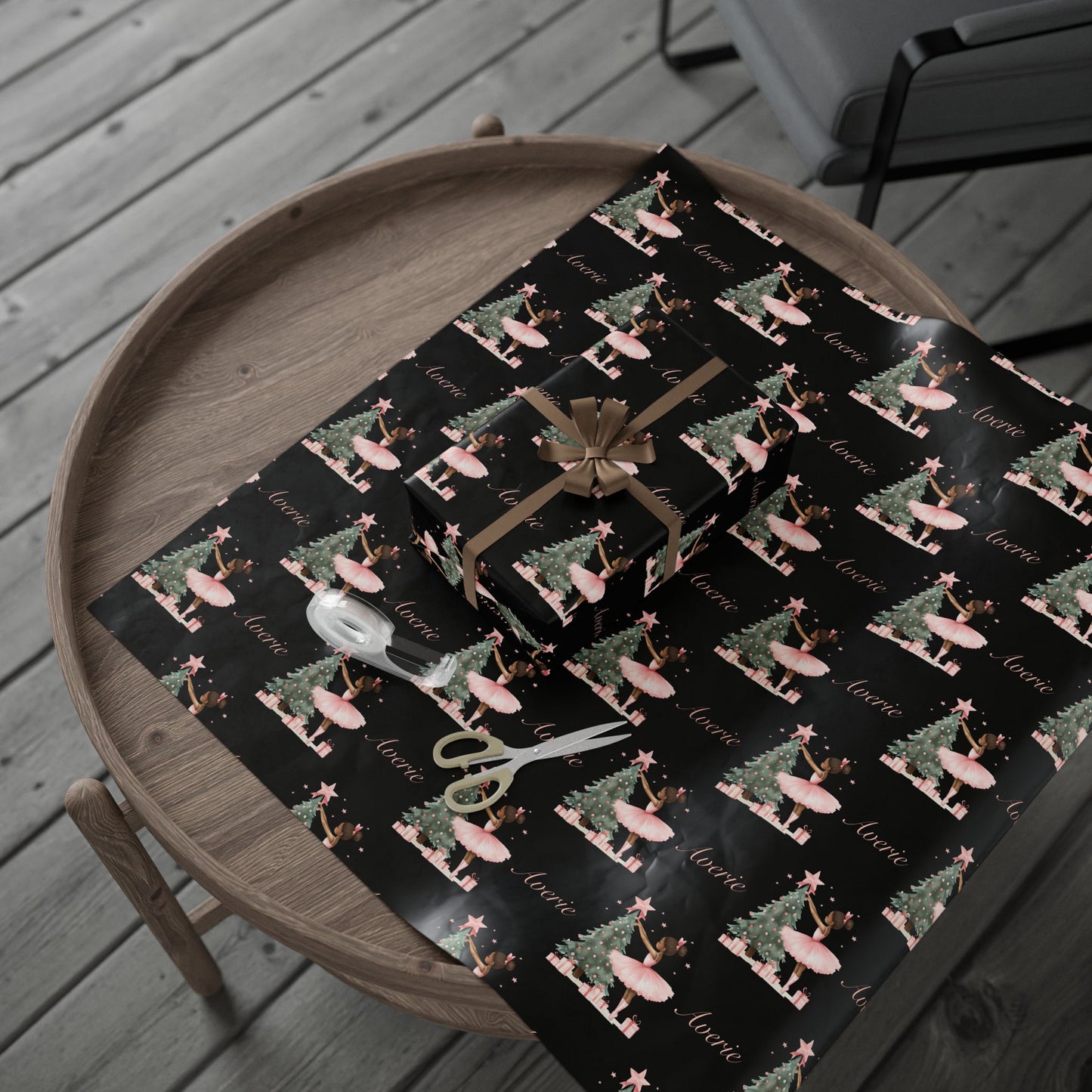 Personalized Pink Black Ballerina Christmas Wrapping Paper - Black Background