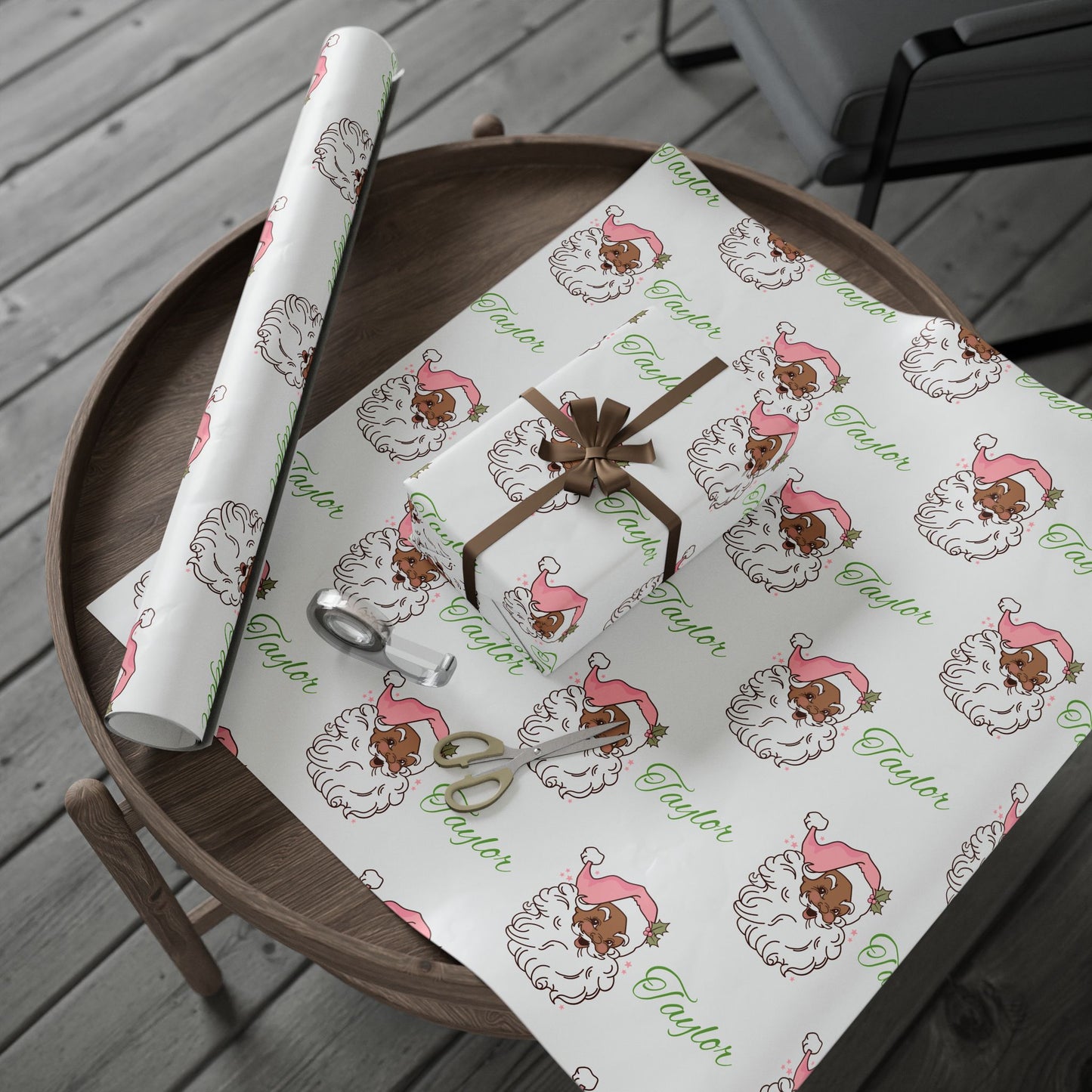 Personalized Vintage Pink Hat Black Santa Christmas Wrapping Paper