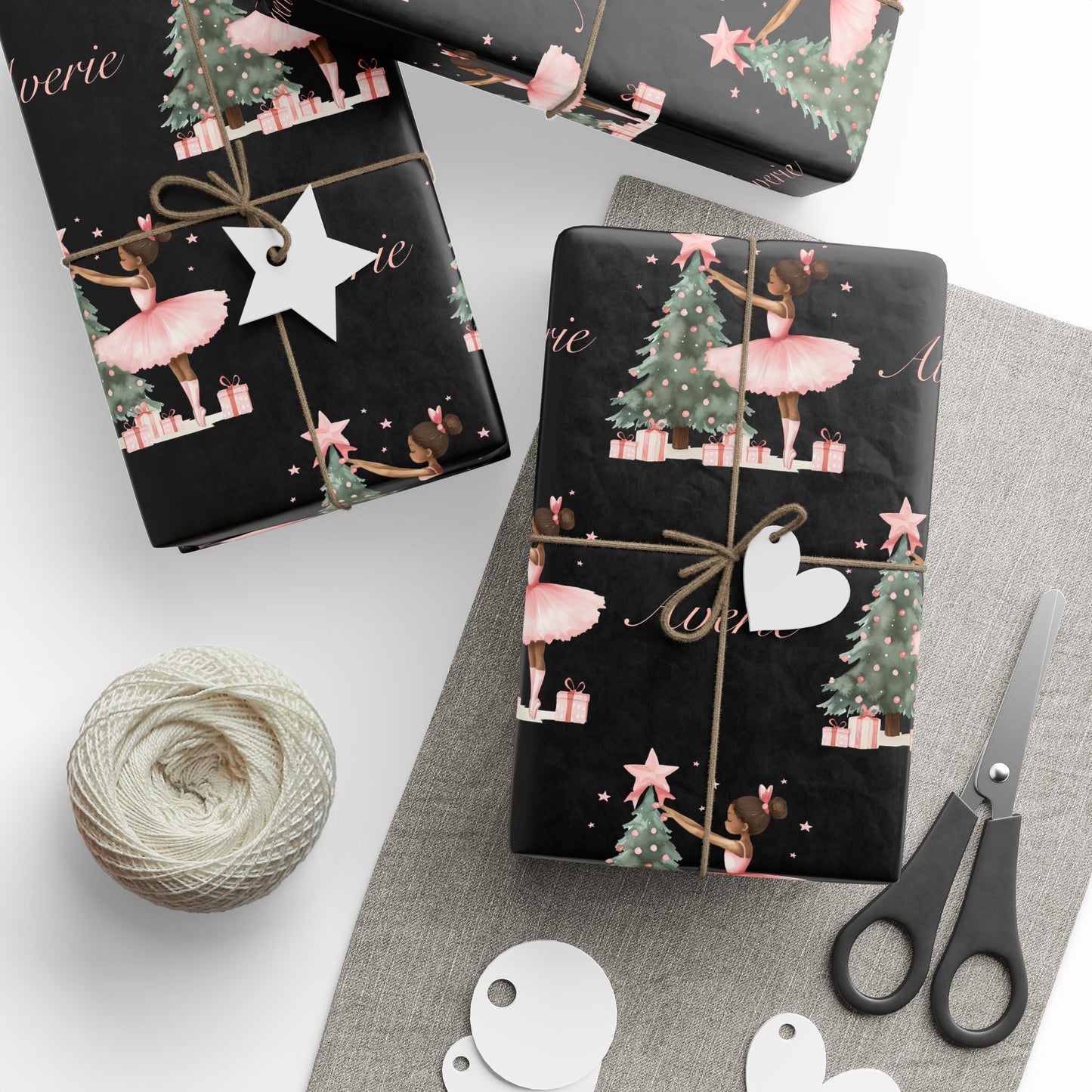 Personalized Pink Black Ballerina Christmas Wrapping Paper - Black Background