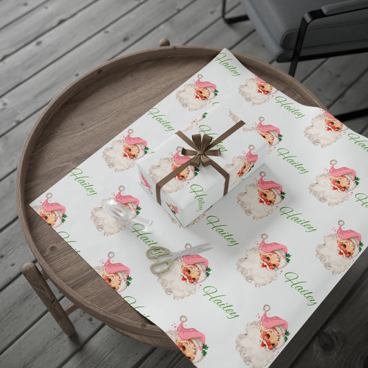 Personalized Vintage Pink Hat Santa Christmas Wrapping Paper