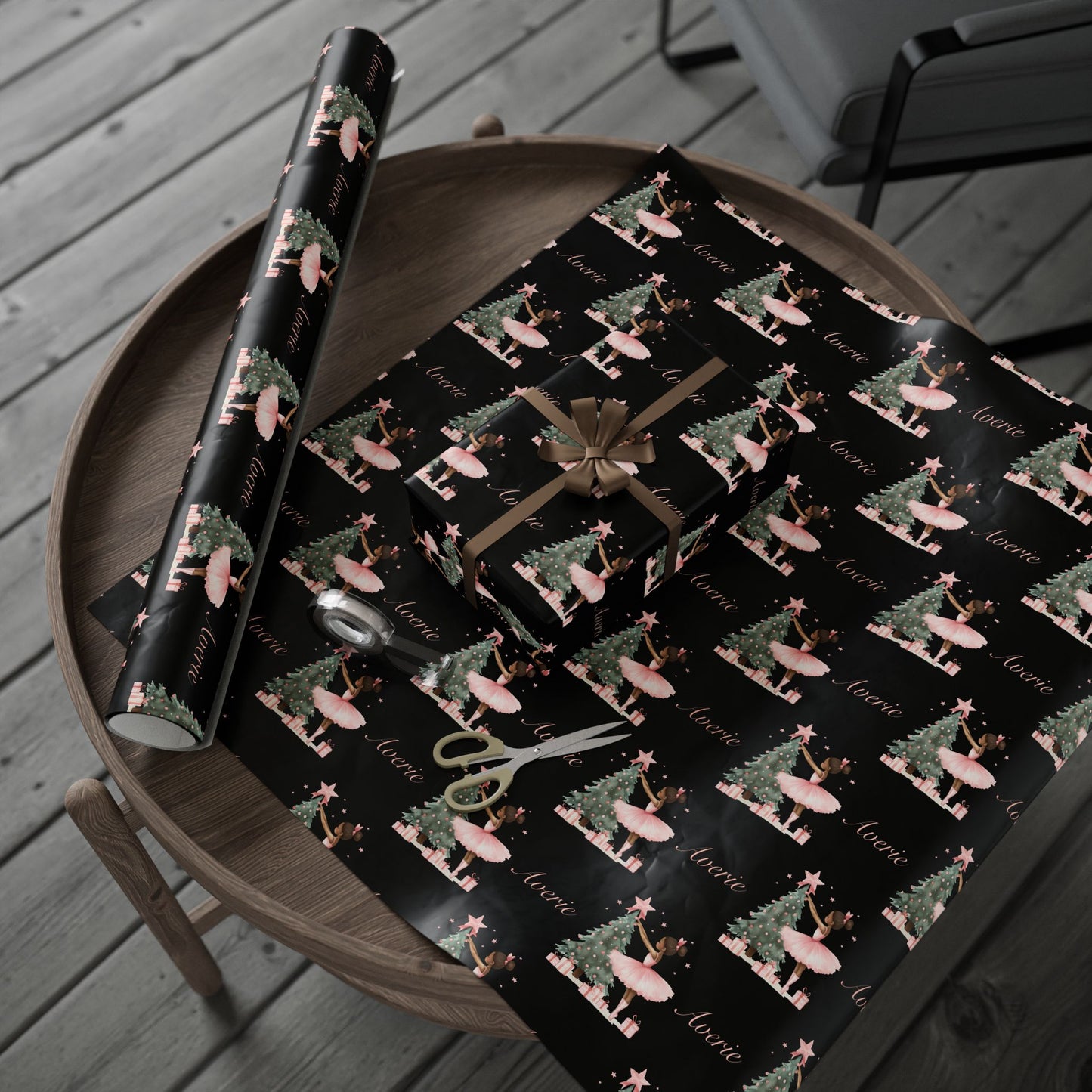 Personalized Pink Black Ballerina Christmas Wrapping Paper - Black Background