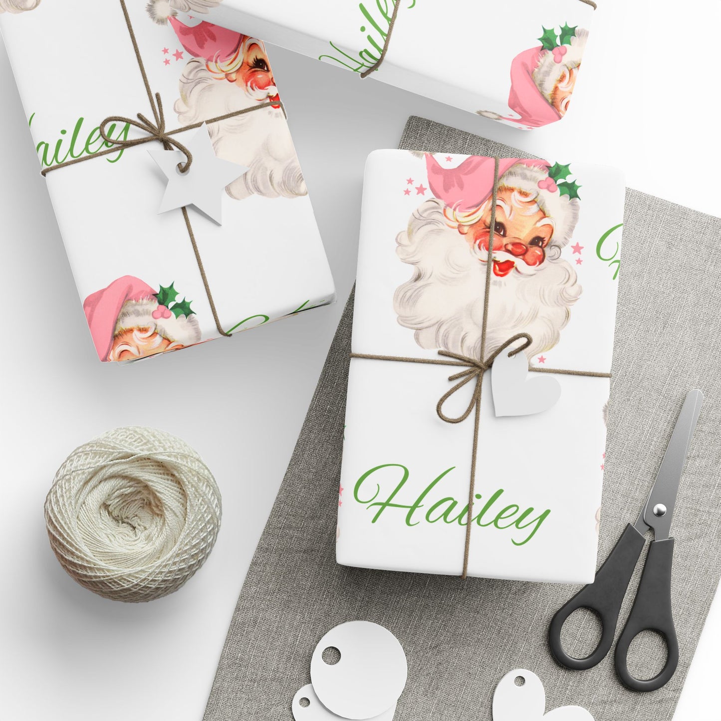 Personalized Vintage Pink Hat Santa Christmas Wrapping Paper