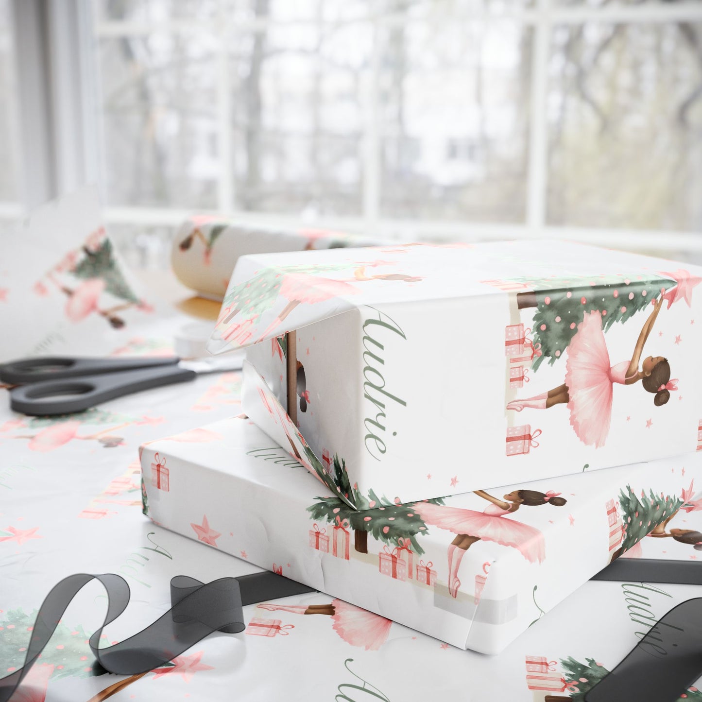 Personalized Pink Black Ballerina Christmas Wrapping Paper - White Background