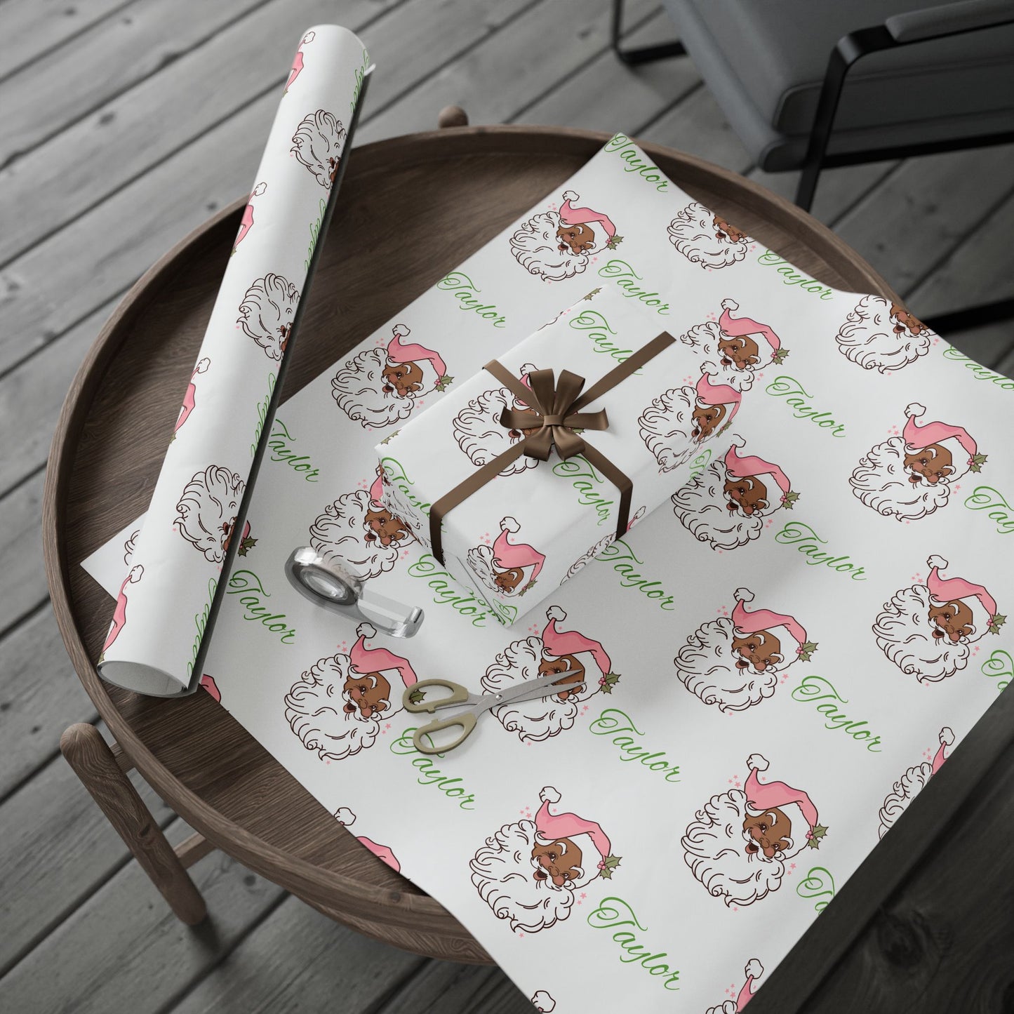 Personalized Vintage Pink Hat Black Santa Christmas Wrapping Paper