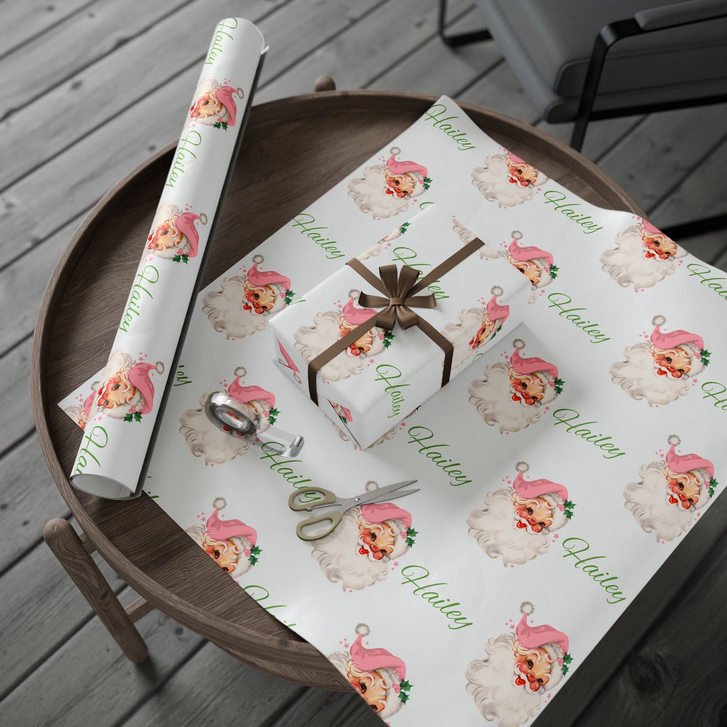 Personalized Vintage Pink Hat Santa Christmas Wrapping Paper