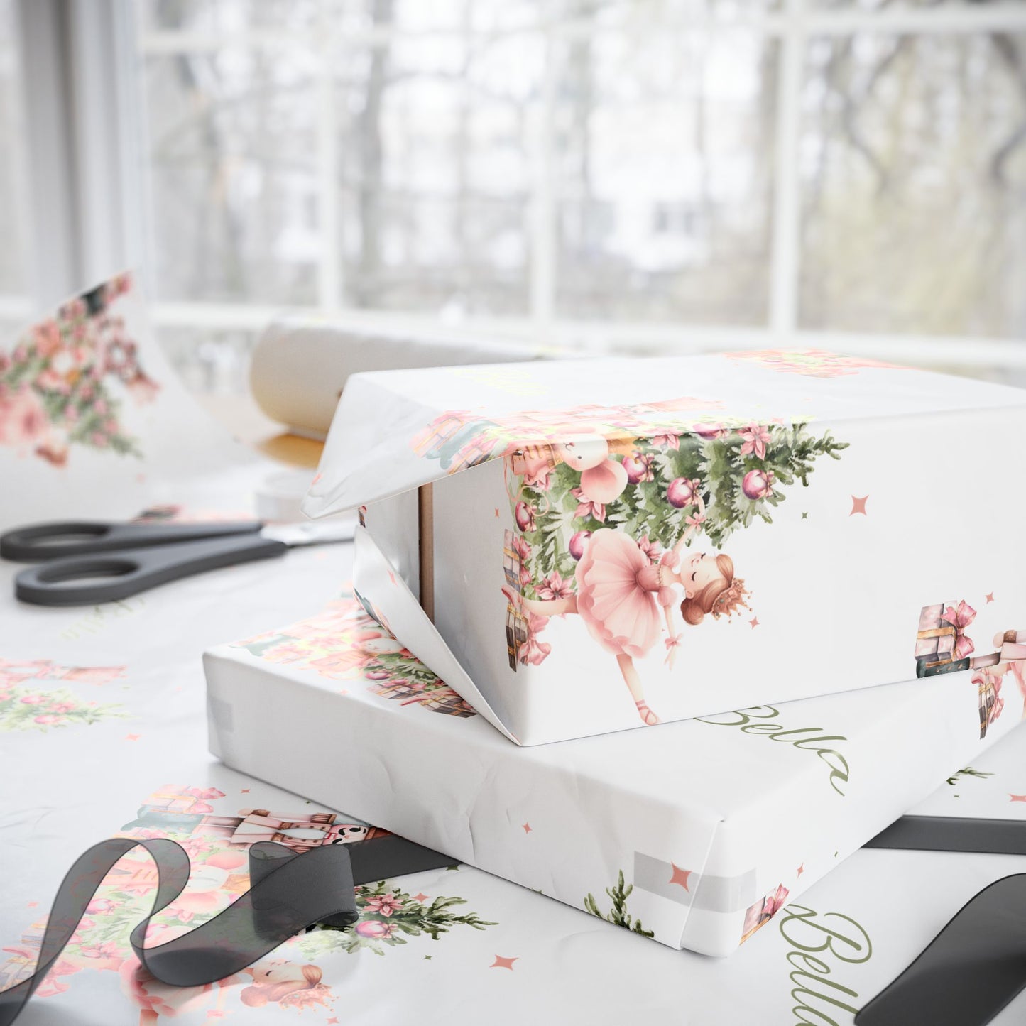 Personalized Pink Ballerina Christmas Wrapping Paper - White Background