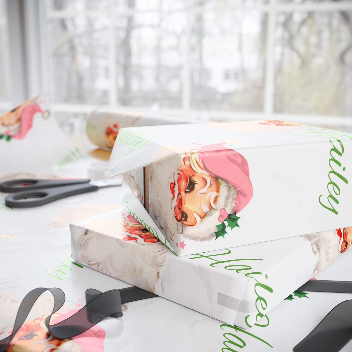 Personalized Vintage Pink Hat Santa Christmas Wrapping Paper