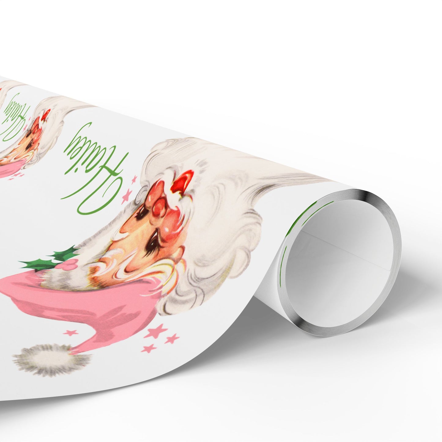 Personalized Vintage Pink Hat Santa Christmas Wrapping Paper