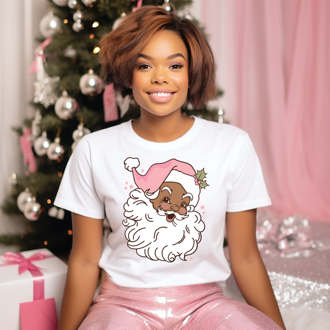 Vintage Black Santa with Pink Hat Short Sleeve T-shirt