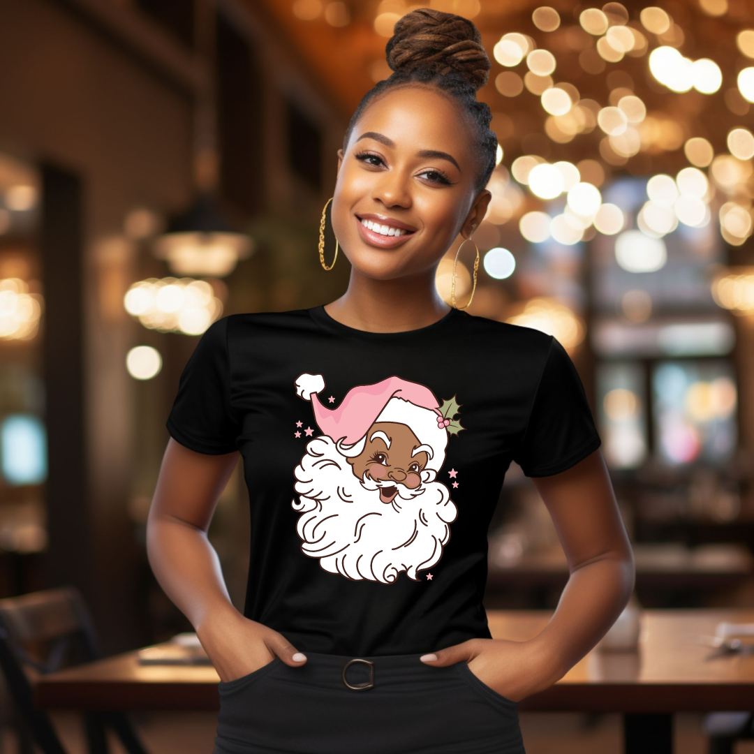 Vintage Black Santa with Pink Hat Short Sleeve T-shirt